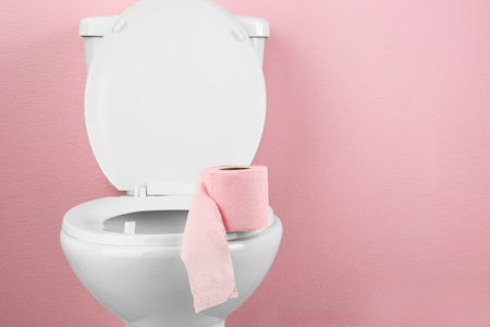 toilet with pink toilet paper sitting on it